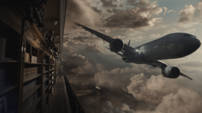 A plane flies near a massive library in the sky