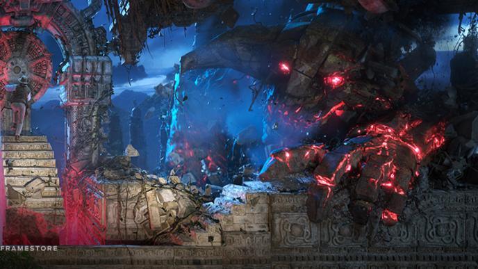 An ancient ruin is attacked by a rock-like monster