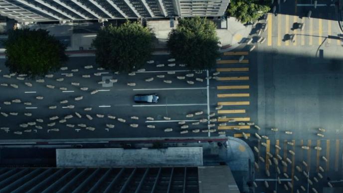 A Prius drives through a city where there is a herd of sheep in the street