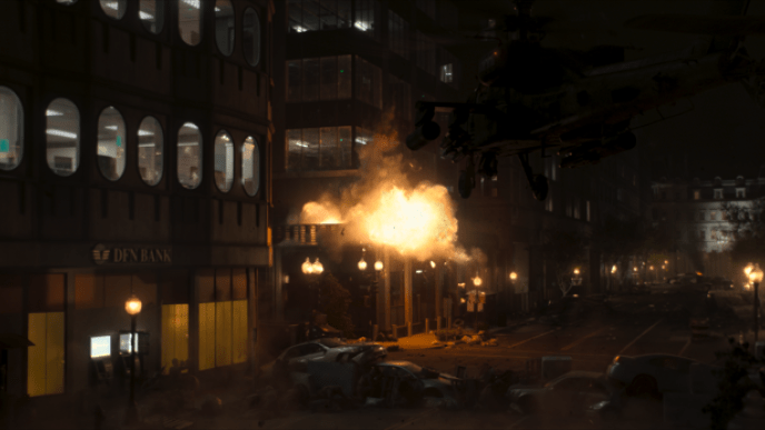 A darkly lit street with a building exploding in the background.