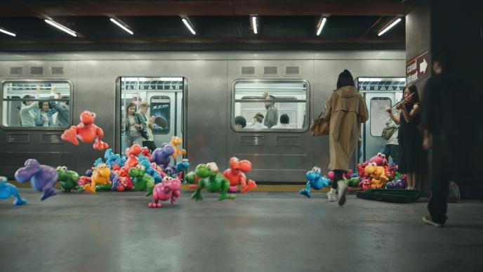 Nerds candies run out of a subway train
