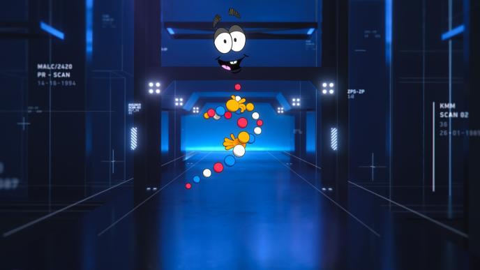 A cartoon strand of DNA from the Jurassic Park film is floating in a blue laboratory room.