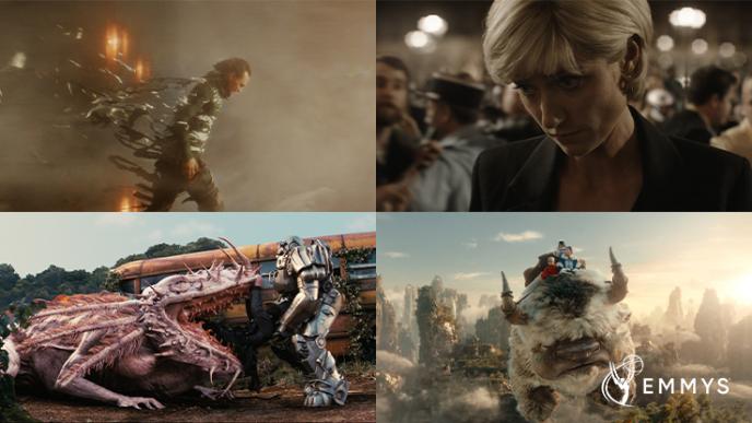 Four images from The Crown, Loki, Avatar the Last Airbender, and Fallout set in a square frame with the Emmy logo in the bottom right. 