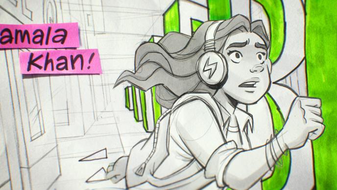stylised cartoon of Kamala Khan running