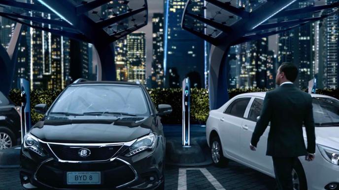 actor leonardo dicaprio walking towards a byd car in a futuristic car dealership. the nighttime city skyline twinkles in the background