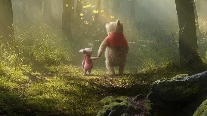 Winnie the Pooh and Piglet, holding hands, walking in a forest