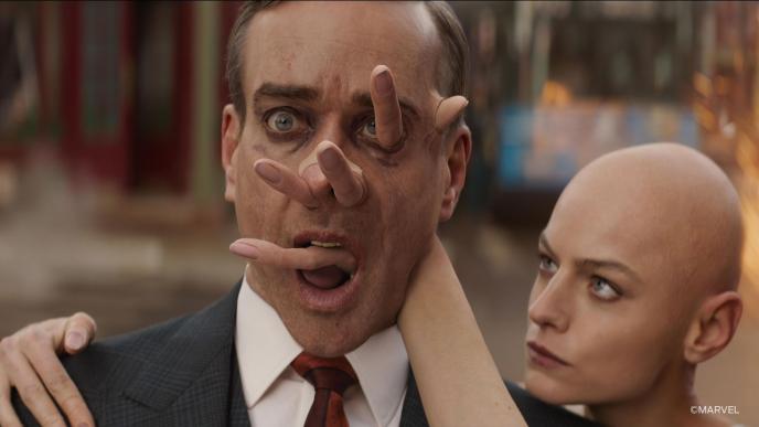 A shot from Deadpool & Wolverine, Cassandra passes her hand through Paradox's head, utilising a full digital double of Matthew Macfayden