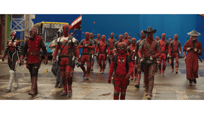 Deadpool and Wolverine - A before shot of multiple deadpool variants in front of a blue screen on a city set