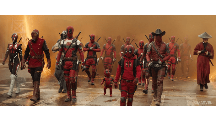 Deadpool and Wolverine - A final shot of multiple Deadpool variants in a New York inspired city 