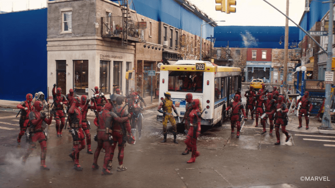 Deadpool, Wolverine & Deadpoolcorps in the cityscape
