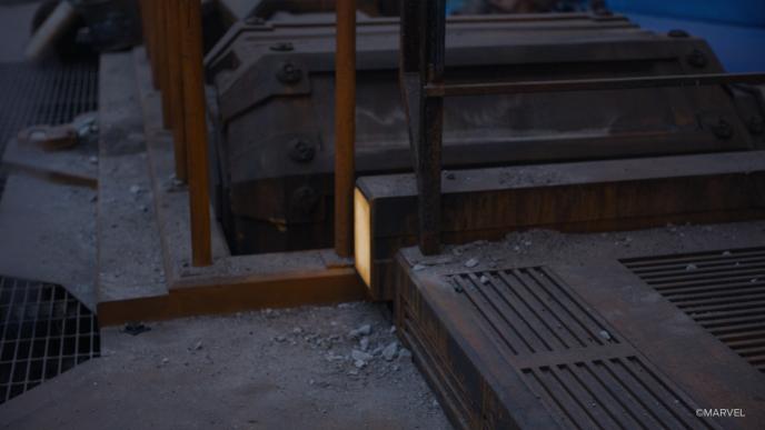 A before shot from Guardians of the Galaxy Vol. 3. A Spaceship set with some blue screen in the background, this is before Cosmo the dog is added using CGI and VFX