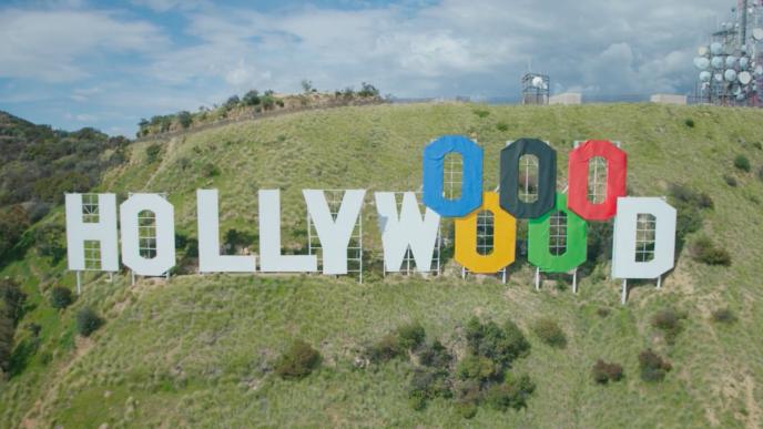 The Hollywood sign with the O's as the Olympic rings