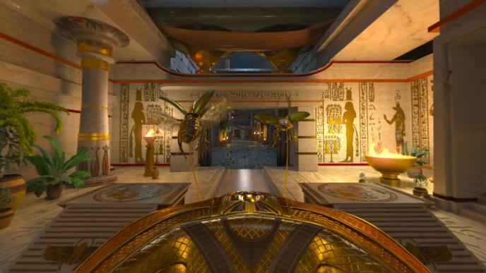 An ancient Egyptian tomb painted and decorated with gold, there is a chariot being pulling further into the tomb by scarab beetles.