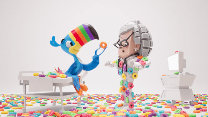 Toucan Sam at a doctor's office with Froot Loops all over the doctor and the floor
