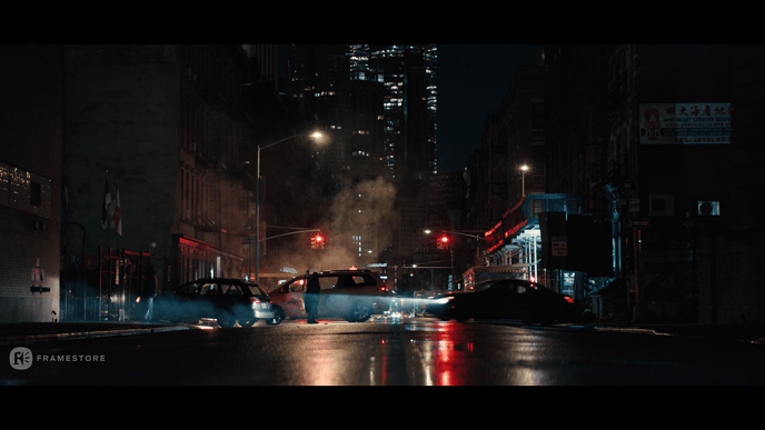 Snowy, tension filled atmosphere at a signal intersection in the streets of New York 