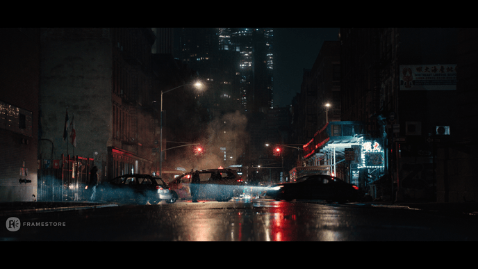 Snowy, tension filled atmosphere at a signal intersection in the streets of New York 