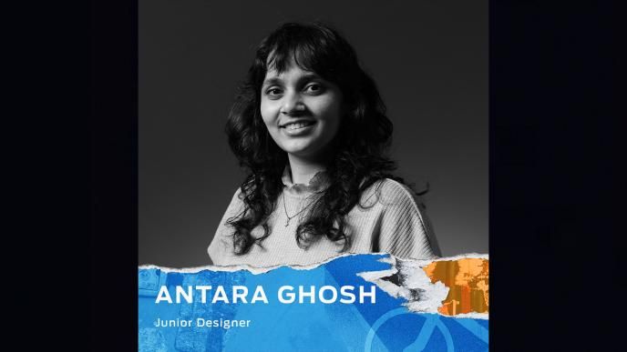 A black and white photo of Antara Ghosh