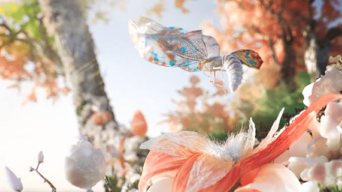 A colorful moth in a field of colorful flowers