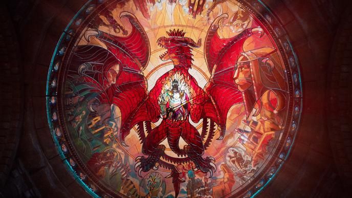 A stained glass window of a red dragon