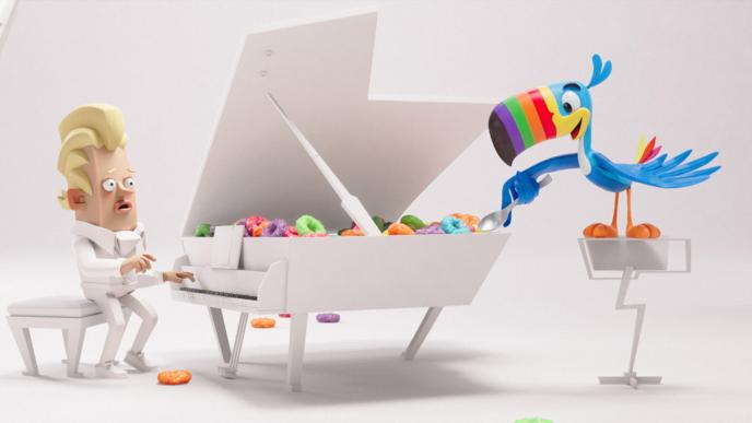 Animated Toucan Sam having a piano lesson with giant Froot Loop rings scattered across the room and piano