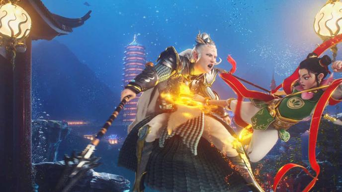 Two animated women fighting each other with swords and magic.