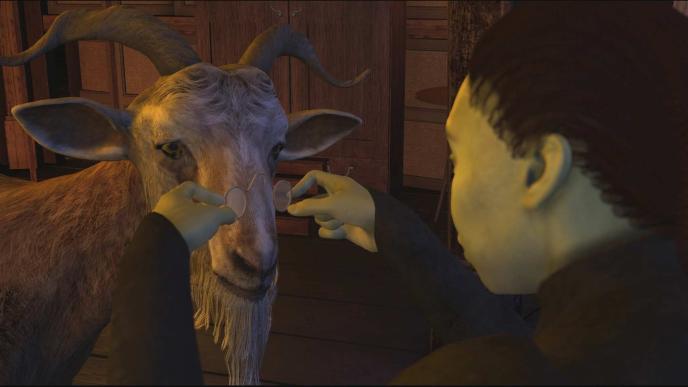 Previs from Wicked Part One, Elphaba places spectacles on Doctor Dillamond's face