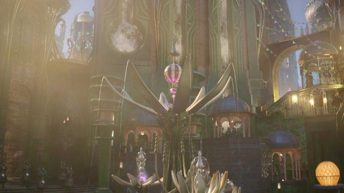 A finished shot of the fountain in Wicked's Emerald City. A CGI set extension has been added to build on the sets, increasing the height of the buildings and adding bridges, railings, bunting and a sky