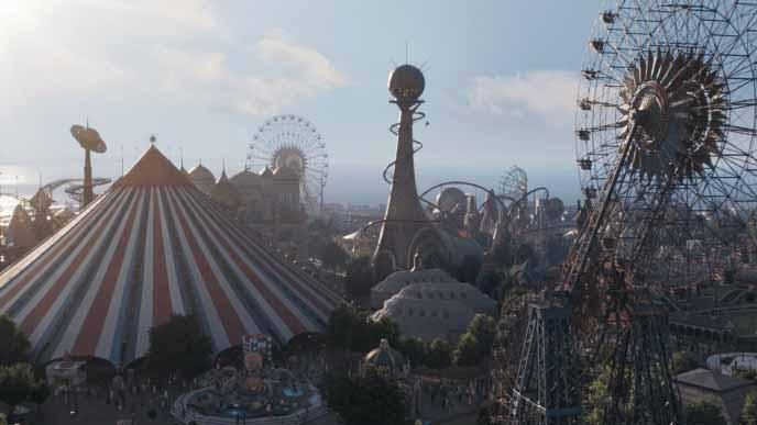 Aerial view still of dreamland fun fair in Dumbo