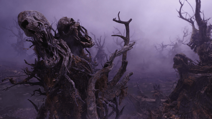 Final grade shot of the dark and ominous purple environment in The Gorge 