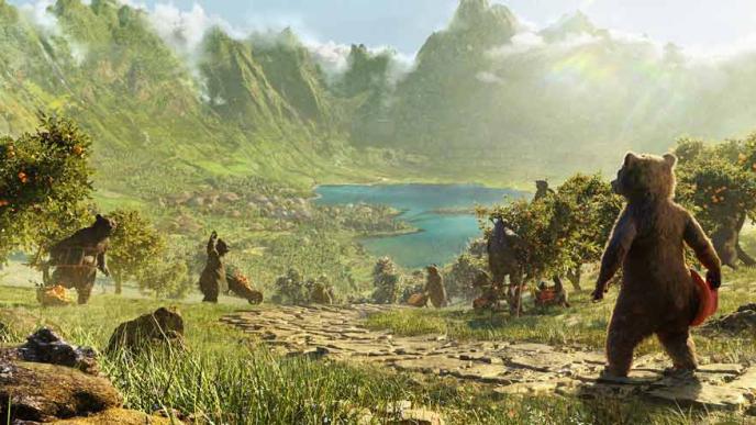 Concept art from Paddington in Peru. Paddington looks out over a lush, grassy landscape. Multiple adult bears are in the distance. 