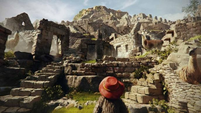 Concept art from Paddington in Peru, Paddington looks up at the ruins of an ancient temple