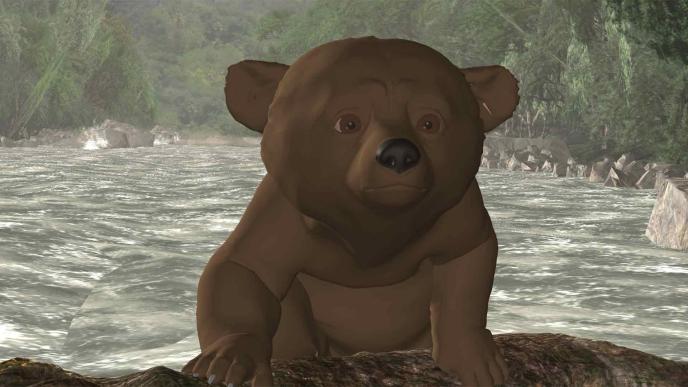 Previs of baby Paddington on a log on a river