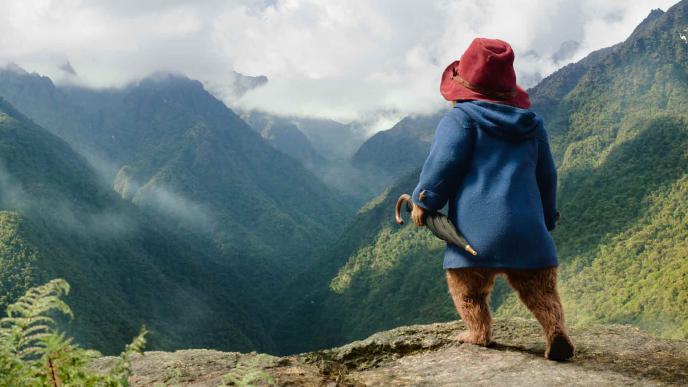 A final shot from Paddington in Peru, Paddington stands on a cliff edge looking out over Peruvian jungle