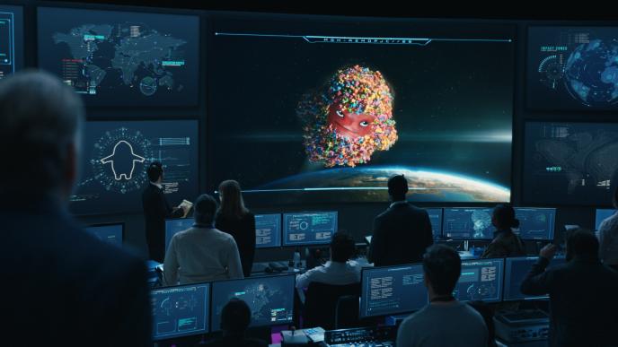 A control room watches as the animated character the Nerds Gummy Monster soars through outerspace