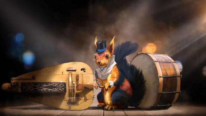 Concept art for Wicked, a squirrel in a suit sits beside musical instruments