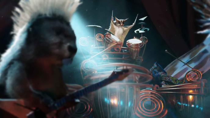 Concept art for wicked, a beaver plays the guitar in the foreground, and a sugar glider plays the drums in the background