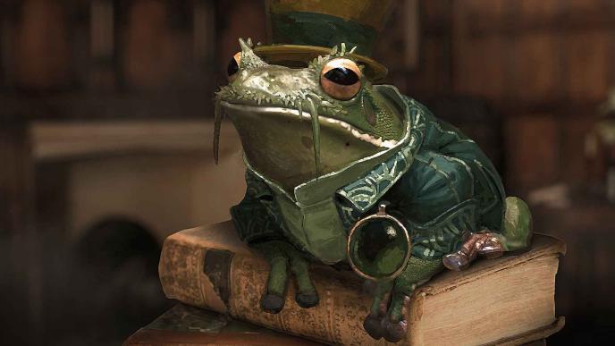 Wicked concept art, showing a frog in a suit and top hat, with a monocle on his jacket