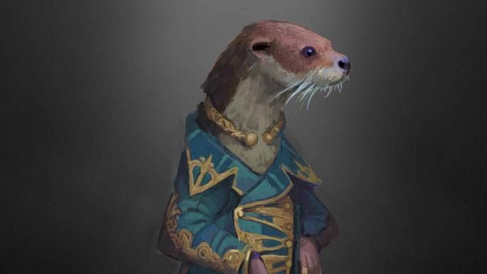 Concept art from Wicked showing an Otter in a teal and gold jacket