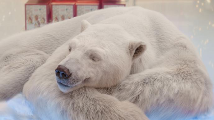 A CG animated polar bear happily sleeps