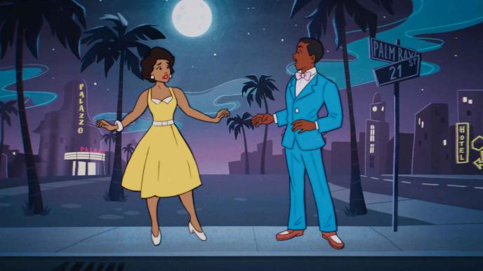 An animated scene from Doctor Who Episode 'Lux'. The Doctor and Belinda are 2D Animations in 1950s Miami