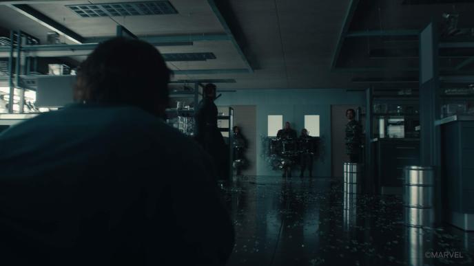 Final shot in Marvel's Thunderbolts, the cast in a science lab, pinned down with CGI debris
