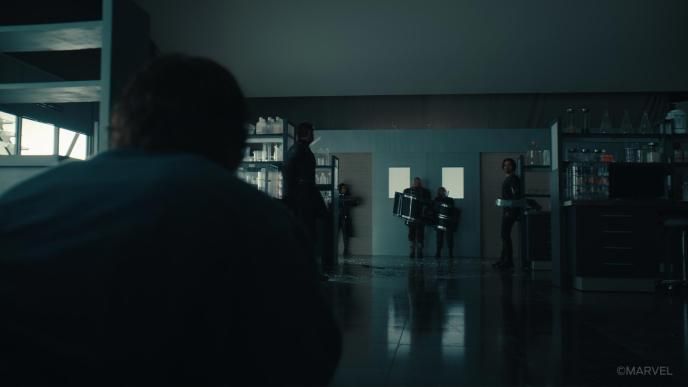 Marvel's Thunderbolts. The cast of the film on a science lab set