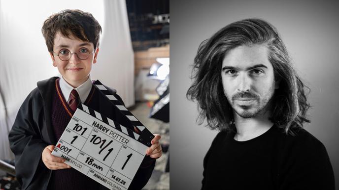 A photograph of a young Harry Potter actor holding a clapper board showing commencement of production, next to a headshot of VFX Supervisor Alexis Wajsbrot.