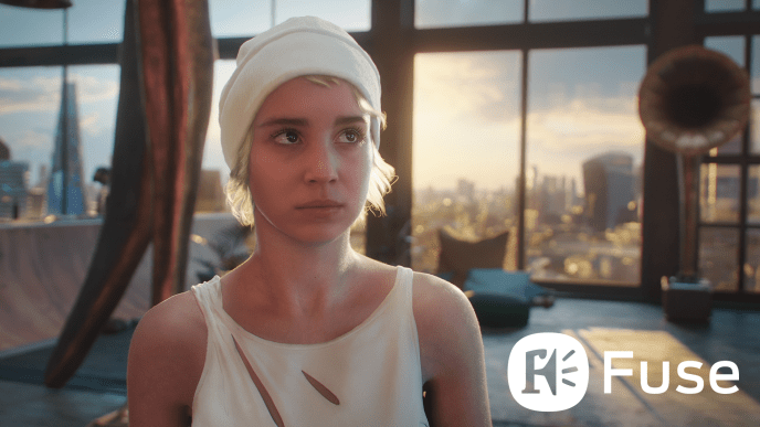 A still from short film FLITE, featuring Alba Baptista, with a white Fuse logo