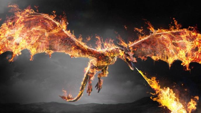 A large fiery illustrated concept design of a dragon from How to Train Your Dragon showing character design and flame effects.