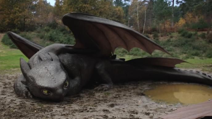 Toothless from How to Train Your Dragon lying on the ground, showcasing lifelike CGI and detailed animation in a forest setting.