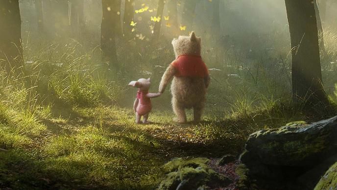 Concept art of Pooh and Piglet, holding hands and walking through the hundred acre wood