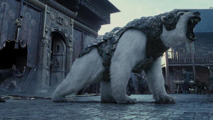 A CGI polar bear wearing armour, roars.