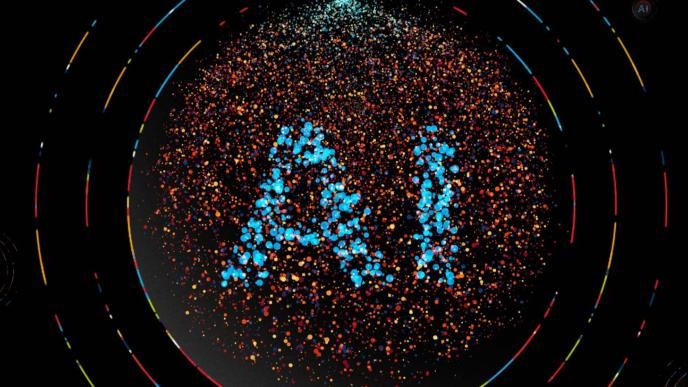 Digitally animated particles make up the word 'AI'
