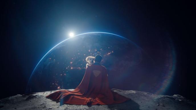 Superman and Krypto the Superdog looking at Earth